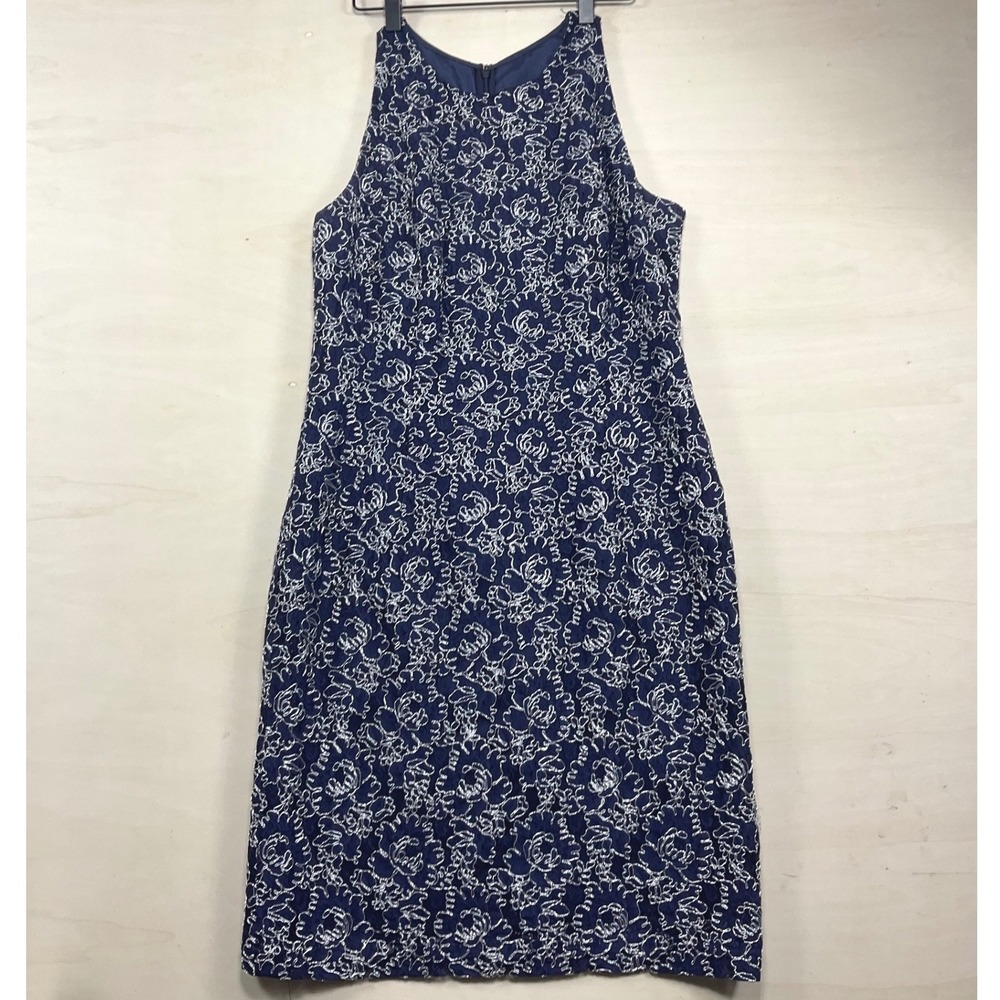 Carmen Marc Valvo Navy Blue White Floral Lace Sheath Dress Sz 12 Cocktail